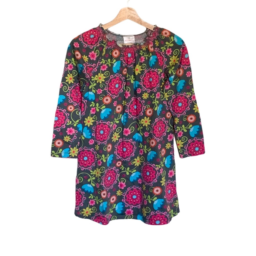 Hanna Andersson Girls Gray Floral Dress Long Sleeves Pink Blue Flowers Size 10